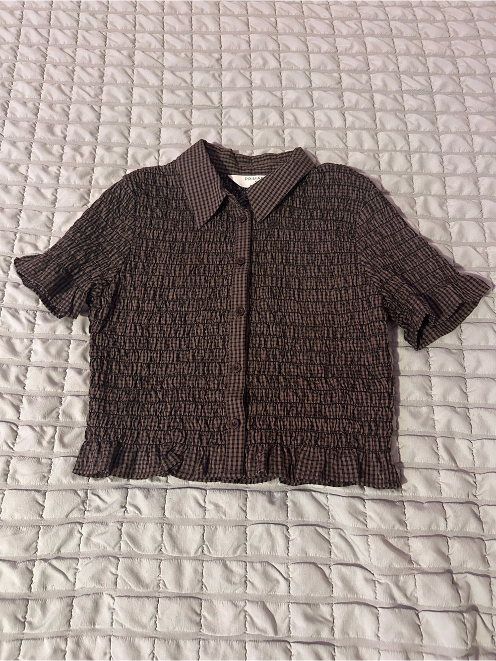 Primark Brown Gingham Smocked Button-Down Top